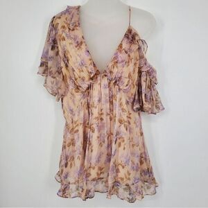 Zimmermann Peach Floral Silk Ruffle Cold-Shoulder Blouse with Lavender Print